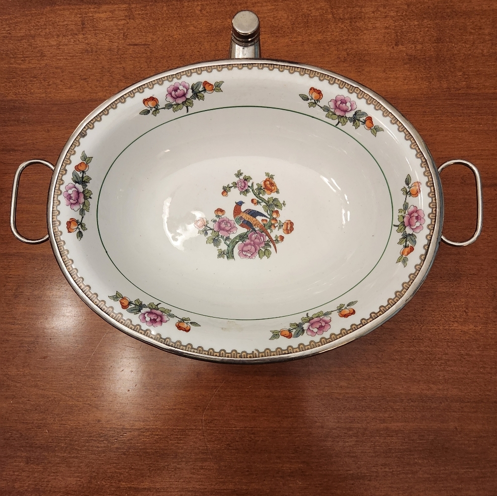 Antique Floral Bird Of Paradise Oval Serving Bowl with Handles - White